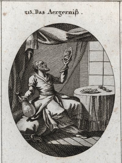 Skandalın alegorisi. Bir elinde bir şişe, diğerinde genç bir kadının portresini ve üzerinde iskambil ve oyunlar oynanan bir masanın yanında tutuyor. Gravür "" Iconologie oder Ideen aus dem Gebiete der Leidenschaften und Allegorien bildich dargest by Austrian School