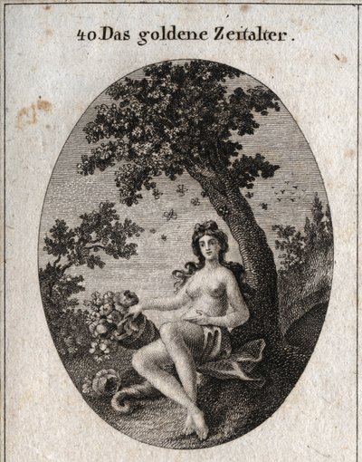 Altın çağın alegorisi, ortasında bir arı sürüsünün bulunduğu bir zeytin ağacının yanında oturan, bol meyveli bir boynuzla temsil edilir. Gravür, Iconologie oder Ideen aus dem Gebiete der Leidenschaften und Allegorien bildich by Austrian School