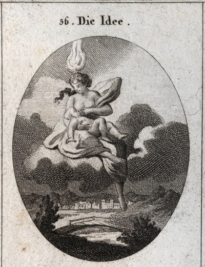 Bir çocuğu emzirirken kafasında bir alev ve alnında altın bir daire ile temsil edilen fikrin alegorisi. Ressamlar, ressamlar, şairler, bilim adamları için tasvir edilen tutkular ve alegoriler alanından ikonoloji veya fikirlerde "" gravür by Austrian School