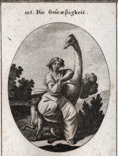 Vorasitis alegorisi. Devekuşu açgözlülüğün özelliğidir, daha fazla açgözlülük için zayıf ve aç bir kurt ekliyoruz. Ressamlar, ressamlar, şairler, G by Austrian School