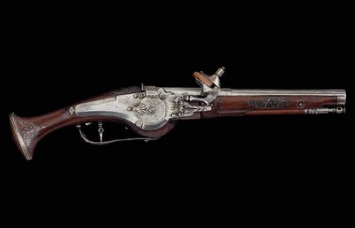 Carinthian (Ferlach) tabanca, dahili otomatik güvenlik sistemi içeren tekerlek kilit mekanizmalı, c.1650 (çelik ve ceviz) by Austrian School
