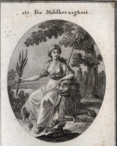 Clemence alegorisi. Cezalandırma ve aynı zamanda affetme gücüne sahip olduğunu belirtmek için bir mızrak ve bir zeytin dalı tutarak temsil edilir. Aslan, cömertliğin özelliğidir. Gravür, Iconologie oder Ideen aus dem Gebiete der Leidenschaften un by Austrian School
