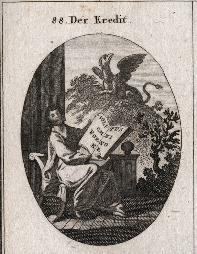 Kredi alegorisi “Solutus omni foenore”” (Hepsinin galibiyetinden bağımsız) yazılı bir kitap tutuyor. Arka planda tresorların korunması ve muhafazasının bir grifon sembolü. Gravür, Iconologie oder Ideen aus dem Gebiete der Leiden by Austrian School