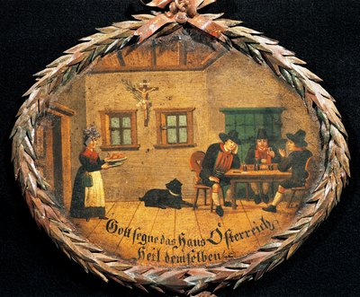 Han ve garsonda masada oturan müşteriler, han için oval tabela, Avusturya by Austrian School