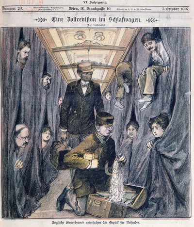 İngiliz gümrük memurları, yataklı bir arabada bagajı inceliyor by Austrian School