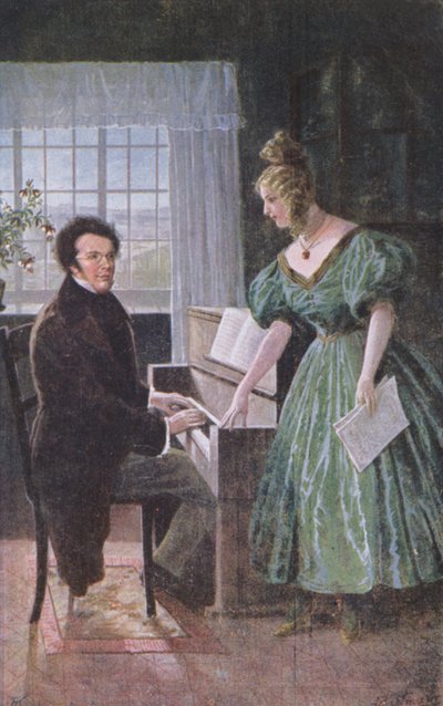 Franz Peter Schubert (1797-1828) piyano çalıyor, kartpostal c.1910 by Austrian School