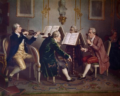 Bir Mozart'ın eserini çalan yaylı çalgılar dörtlüsü (Oda müziği) (Litografi by Austrian School