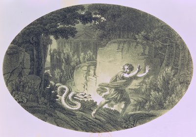 Dev bir yılan tarafından takip edilen Tamino, Wolfgang Amadeus Mozart