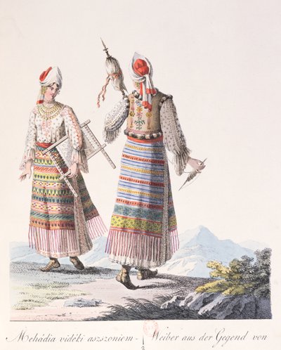 Mehadia bölgesinin geleneksel kıyafetleri içindeki kadınlar, JH de Bikkesy'nin Kostümleri de Hongrie adlı kitabından bir örnek, 1810 (renkli gravür) by Austrian School