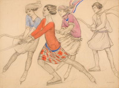 Buz üzerinde hokey (kağıt üzerine suluboya ve mürekkepli kalem) by Averil Mary Burleigh
