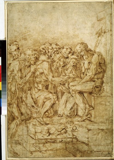 ""Yedi Figürle Çevrili Tutku Sembolleriyle İsa"" (Yedi Figürün Katıldığı Tutku Sembolleriyle İsa) Kahverengi Mürekkeple Çizim Baccio Bandinelli (1493-1560) 16. Yüzyıl Puşkin Müzesi Moskova by Baccio Bandinelli