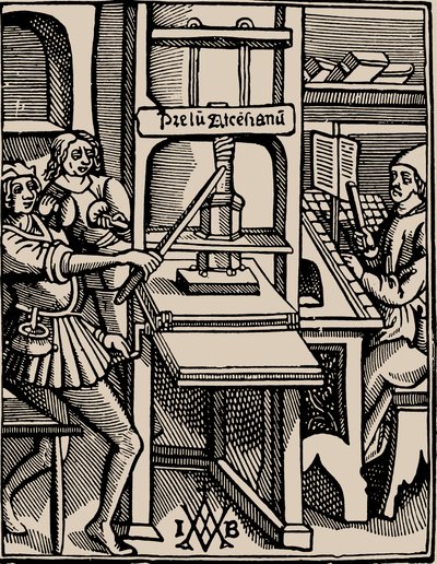 Prelum Ascensianum: matbaa iş başında olan yazıcı cihazı, 1508. by Badius