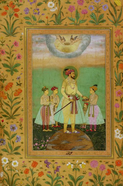 Shah Jahan (1592-1666) Minto Albümünden Dört Çocuğuyla Çevrili Büyük Bir Kürenin Üzerinde Duruyor by Balchand