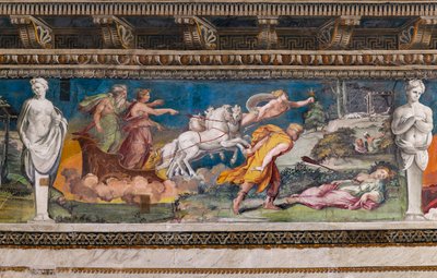 Asla hata yapmayan cirit tarafından kazığa geçirilen Procris, dört atın çektiği bir arabada ona ve Aurora ve Titone'a doğru koşan Cephalus by Baldassarre Peruzzi