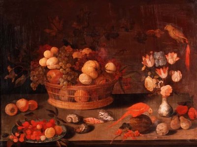 Bir Hasır Sepet içinde Şeftali, Elma ve Üzüm Natürmort, Çin Vazoda Çiçekler ve Bir Masada İki Papağan by Balthasar van der(follower of) Ast