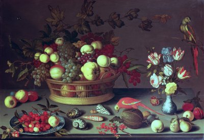 Bir Sepet Üzüm ve Diğer Meyveler (panelde yağlı) by Balthasar van der Ast