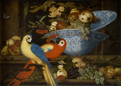 İki Papağanlı Meyve Natürmort by Balthasar van der Ast