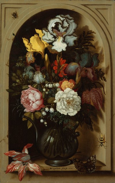 Niş İçinde Cam Vazoda Süsenler, Güller, Vadideki Zambak ve Diğer Çiçekler, 1621 by Balthasar van der Ast