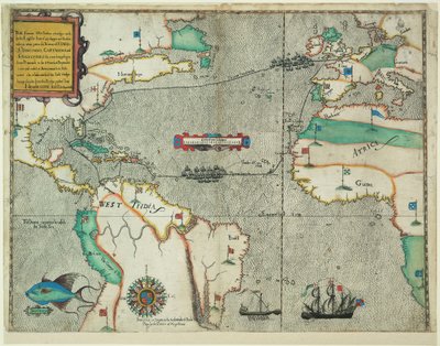 İngiliz filosunun 23 gemi ve tekneyle yaptığı ünlü Batı Hindistan yolculuğu by Baptista Boazio