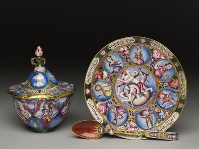 Kapaklı kase, tabak ve kaşık, astrolojik süslemeli, 19. yüzyılın başlarında by Baqir