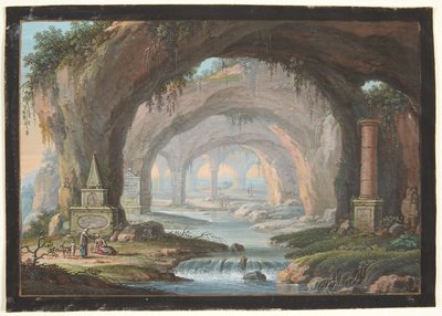 Delinmiş mağaralar, mezar anıtları, nehir ve figürinlerle manzara by Barbara Dietzsch