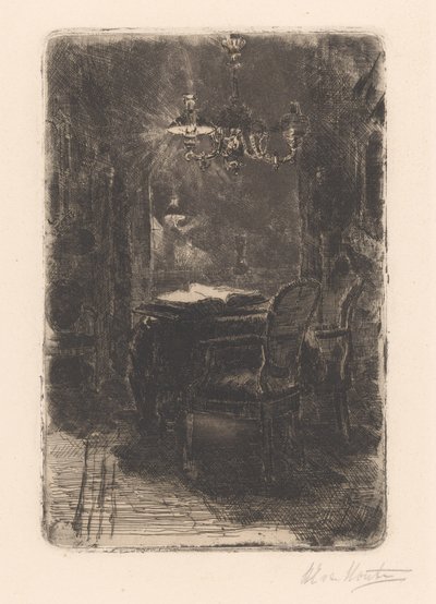 Açık kitap ile ayna ve masa ile iç by Barbara Elisabeth van Houten (signed by artist)