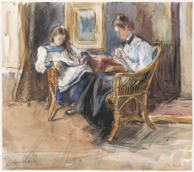 Lahey'deki Riouwstraat 6 adresindeki evde, hasır sandalyelerde oturan el işçisi kadın ve okuyan kız by Barbara Elisabeth van Houten