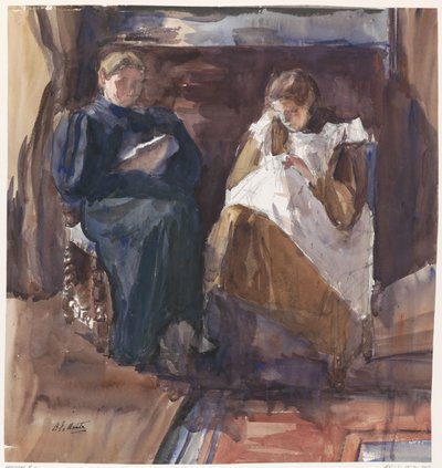 Lahey'deki 6 Riouwstraat'taki evde, önden görülen okuma kadın ve nakışçı kız by Barbara Elisabeth van Houten