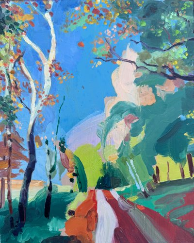 Sanırım bir tavşan gördüm, 2023, panel üzerine yağlıboya by Barbara Hoogeweegen