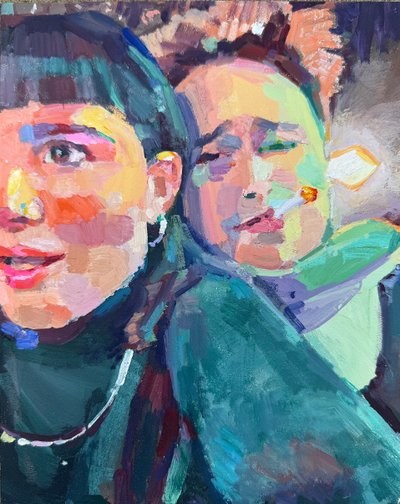 kendinden geçmiş birlik, 2025, panel üzerine yağlıboya by Barbara Hoogeweegen