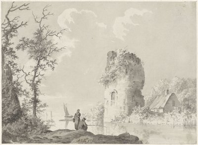 Kule ve fener ile nehir manzarası by Barend Cornelis Koekkoek