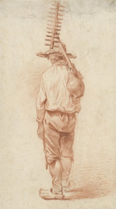 Omzunun üzerinden sürahi ile tırmıkla ayakta duran çiftçi, arkadan görülüyor by Barend Cornelis Koekkoek