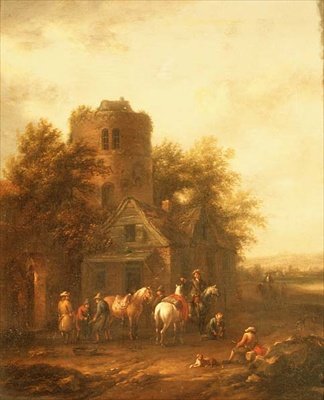 Bir Tavernanın Dışında Atlarını Sulayan Biniciler by Barend Gael or Gaal