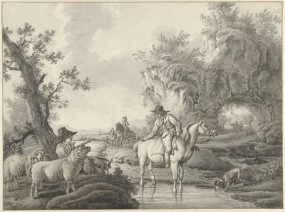 Havuz kenarında bir çoban ve bir süvari ile manzara by Barend Hendrik Thier