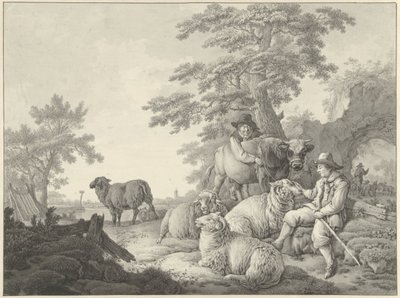 Koyunlu çoban ve manzarada genç bir boğa olan bir çocuk by Barend Hendrik Thier