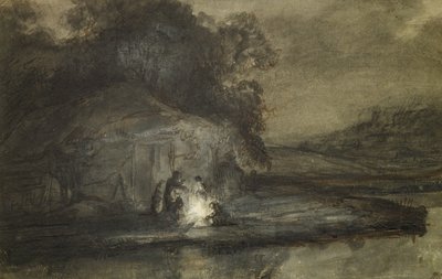 Nehir ve çobanların olduğu gece manzarası (kağıt üzerinde gövde rengiyle kalem ve mürekkeple yıkama) by Barent Fabritius