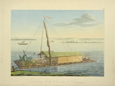 Guayaquil Nehri üzerinde sal, Marchais tarafından çizilmiş, Bouquet tarafından oyulmuş, Alexander von Humboldt ve Aime Bonpland tarafından "Amerika Yerli Halklarının Cordillera ve Anıtlarının Görünümleri" adlı çizim, 1813 by Baron Friedrich Alexander von Humboldt