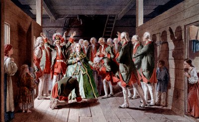 Rus Etkileyici Elisabeth Iere Petrovna (1709-1762), ziyafetinin ve İmparatorluk Tahtındaki geleceğinin gününde, askerler sadakatine yemin ediyor Klodt