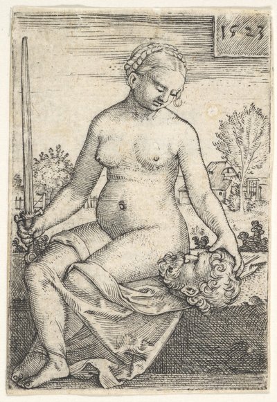 Judith, sağ elinde bir kılıçla çıplak oturuyor, Holofernes