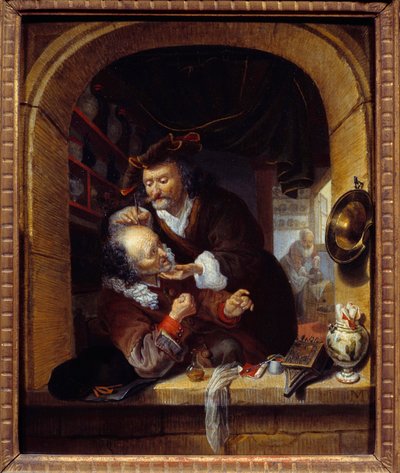 Tıp: “” bir doktor, hastasının baş ağrısını tedavi etmek için küçük bir kanama yapar”” Bartholomeus Maton'un (1643-1684) tablosu 17. yüzyıl Güneşi. 0,27x0,21 m Paris, Musee du Petite Palais by Bartholomaus Maton