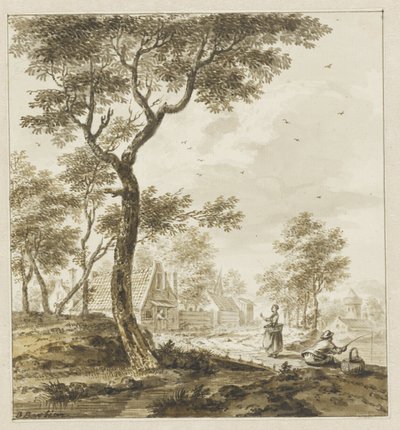 Sağda figürler ve bir fenerle manzara by Bartholomeus Barbiers