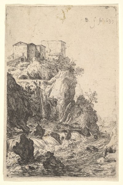 Ponte della Trave yakınlarındaki çağlayanlar, yukarıdaki kayalık bir çıkıntıdaki binalarla, diziden ..., 1639. by Bartholomeus Breenbergh