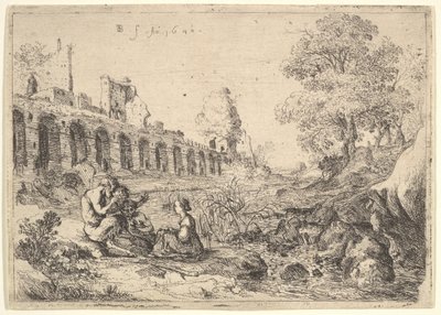Korsika, Battista Gu..., 1640 için bir çift tabaktan bir nehir kıyısında satirlerin önünde oturuyor. by Bartholomeus Breenbergh