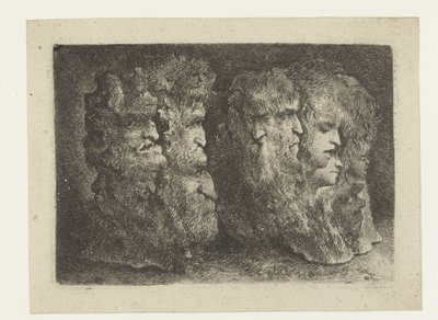 Erkeklerin, hayvanların ve maskaraların farklı kafaları by Bartholomeus Breenbergh