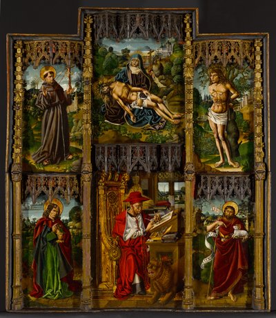 Portatif Altarpiece: Pietà, Aziz Francis, Sebastian, Evangelist Yahya, Jerome ve Vaftizci Yahya, c.1500 by Bartolomé Bermejo