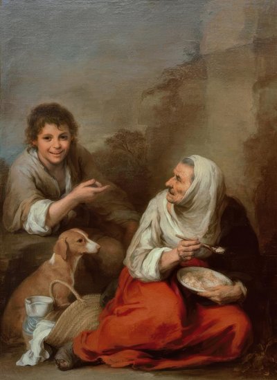 Yaşlı kadın, bir çocuk tarafından alay edildi by Bartolomé Esteban Murillo
