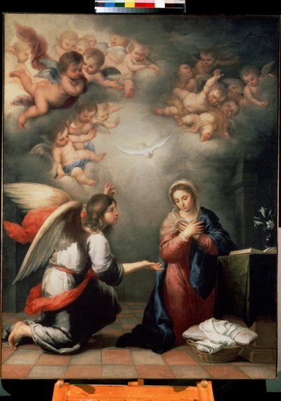 Duyuru. Bartolome Esteban Murillo (1617-1682), 1660 dolaylarında tablo. İspanyol sanatı, Barok tarzı. Ermitaj Müzesi, Saint Petersburg. by Bartolomé Esteban Murillo