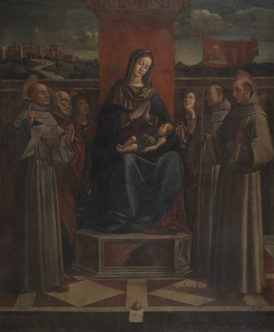 Altı Aziz ile Enthroned Bakire ve Çocuk, c.1500 (tuval üzerine yağlı boya) by Bartolomeo (attr. to) Montagna