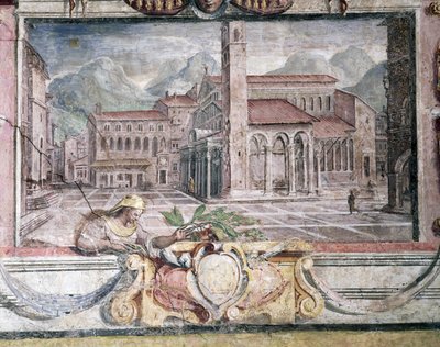 Yatak odası, Medici yönetimi altındaki kasabaları gösteren friz detayı, Pistoia, 1564-75 fresk by Bartolomeo Ammannati