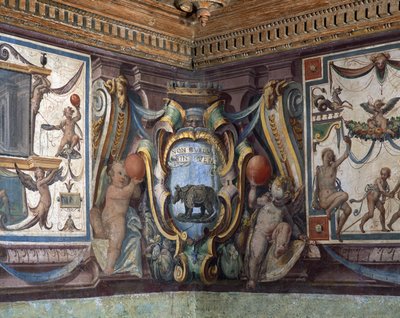 Toskana Büyük Dükü Sala del Granduca di Toscana Salonu Zodyak, gergedan, 1564-75 fresk belirtilerini gösteren frizin detayı by Bartolomeo Ammannati
